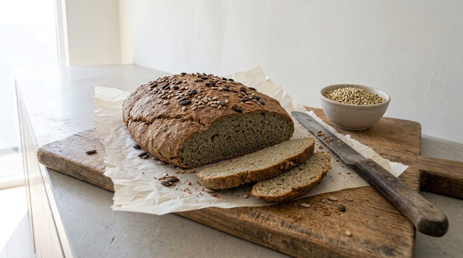 Sliced buckwheat loaf on a wooden board