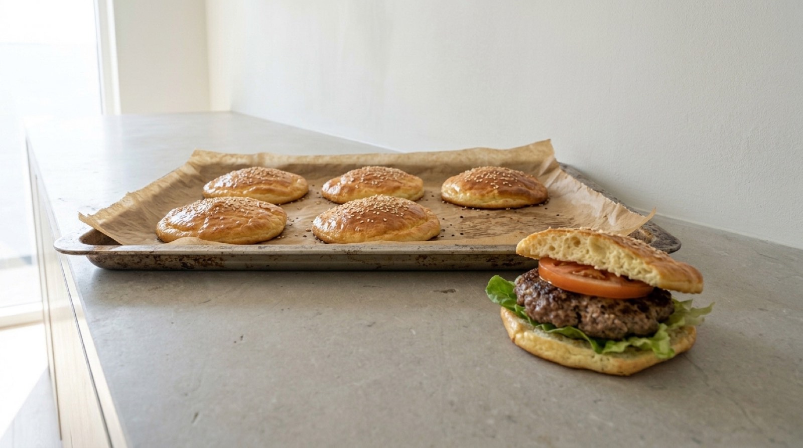 Cloud bread burger buns with a burger